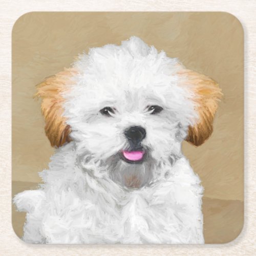 Lhasa Apso Puppy Painting _ Cute Original Dog Art Square Paper Coaster