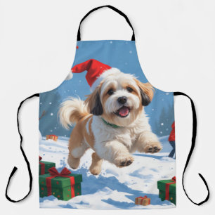 Lhasa Apso Running in Snow with Christmas Hat Apron