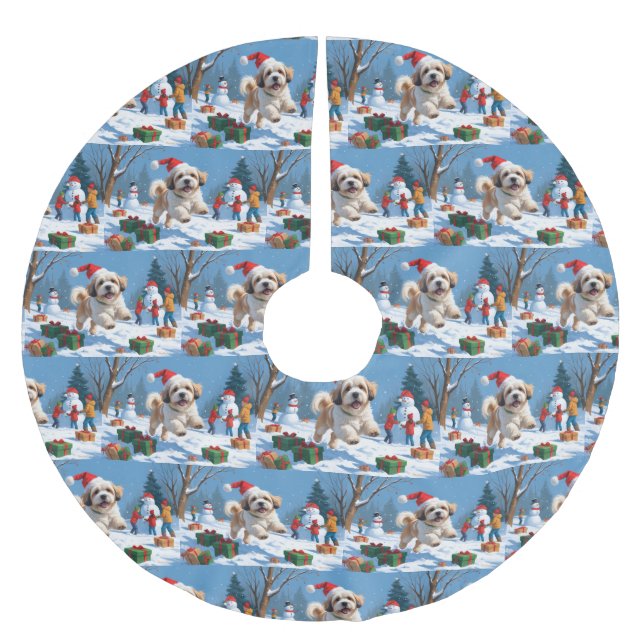 Lhasa Apso Running in Snow with Christmas Hat Brushed Polyester Tree Skirt (Front)