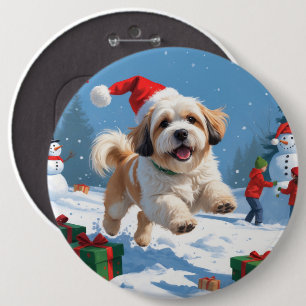 Lhasa Apso Running in Snow with Christmas Hat Button