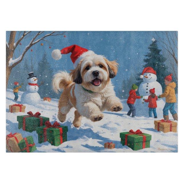 Lhasa Apso Running in Snow with Christmas Hat Cutting Board (Front)