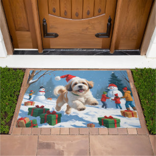 Lhasa Apso Running in Snow with Christmas Hat Doormat