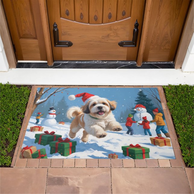 Lhasa Apso Running in Snow with Christmas Hat Doormat (Outdoor)