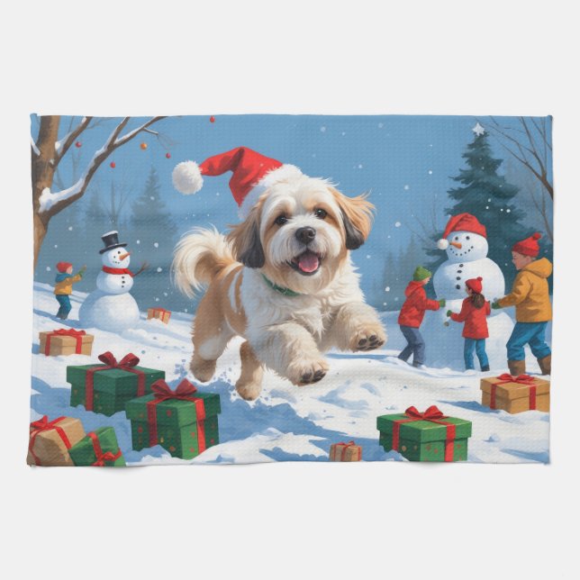 Lhasa Apso Running in Snow with Christmas Hat Kitchen Towel (Horizontal)