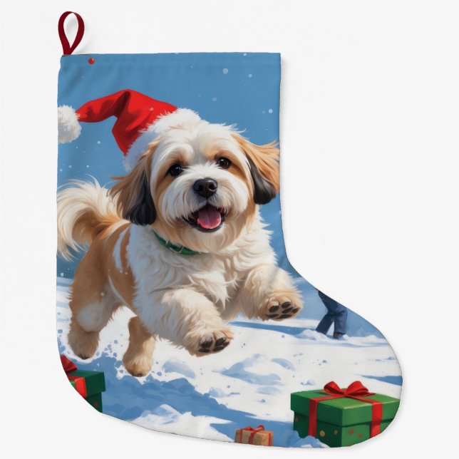 Lhasa Apso Running in Snow with Christmas Hat Large Christmas Stocking (Front)