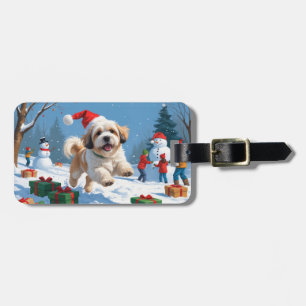 Lhasa Apso Running in Snow with Christmas Hat Luggage Tag