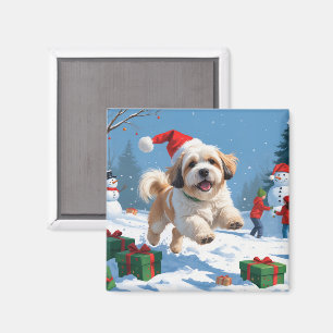 Lhasa Apso Running in Snow with Christmas Hat Magnet