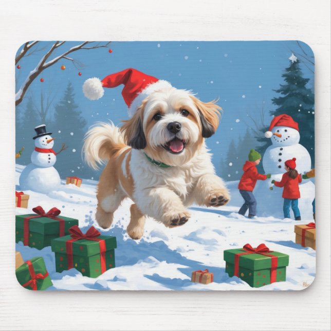 Lhasa Apso Running in Snow with Christmas Hat Mouse Pad (Front)