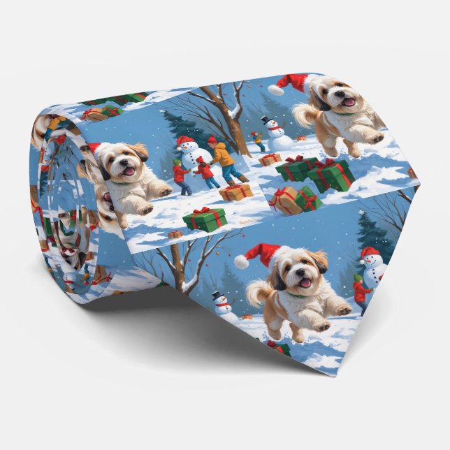 Lhasa Apso Running in Snow with Christmas Hat Neck Tie (Rolled)