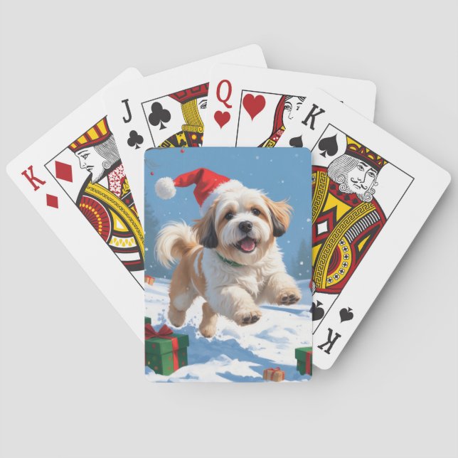 Lhasa Apso Running in Snow with Christmas Hat Poker Cards (Back)