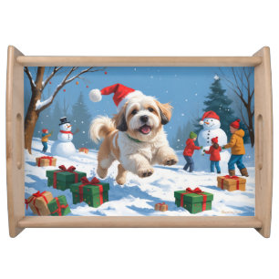 Lhasa Apso Running in Snow with Christmas Hat Serving Tray