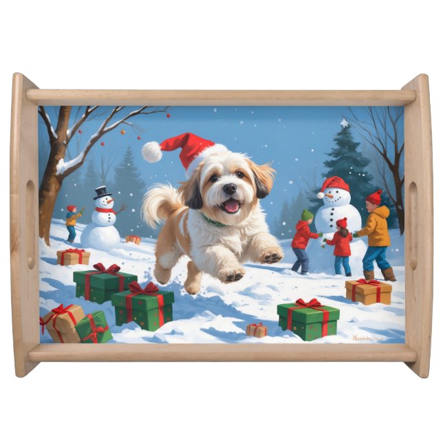 Lhasa Apso Running in Snow with Christmas Hat Serving Tray (Front)