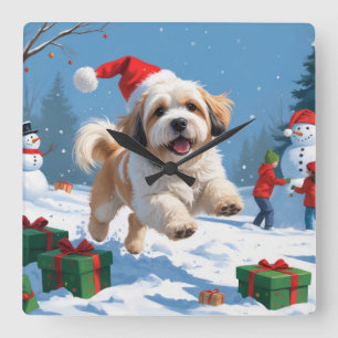 Lhasa Apso Running in Snow with Christmas Hat Square Wall Clock
