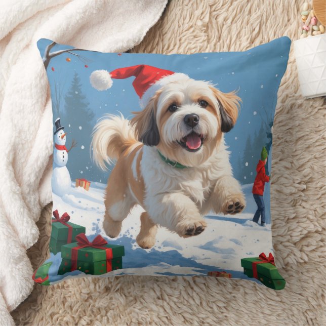 Lhasa Apso Running in Snow with Christmas Hat Throw Pillow (Blanket)