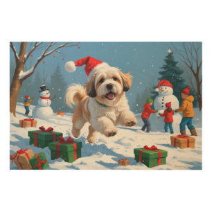 Lhasa Apso Running in Snow with Christmas Hat Wood Wall Art