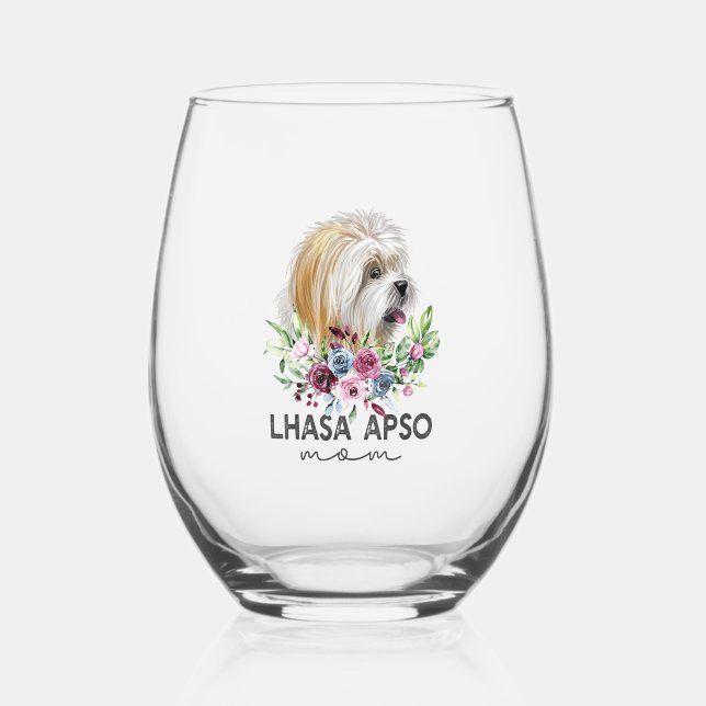 Lhasa Apso Shirt Gifts Dog Mom Stemless Wine Glass (Front)