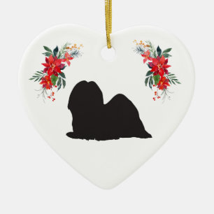 Lhasa Apso Silhouette with Name Poinsettia Ceramic Ornament