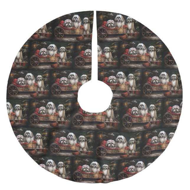 Lhasa Apso Snowy Sleigh Christmas Decor Brushed Polyester Tree Skirt (Front)