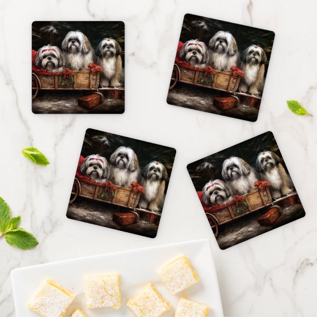 Lhasa Apso Snowy Sleigh Christmas Decor Coaster Set (In Situ)