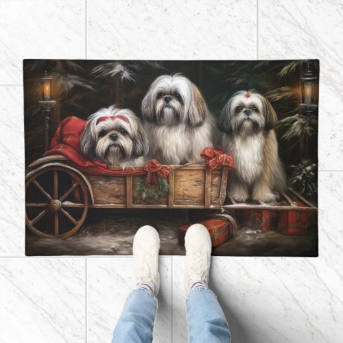 Lhasa Apso Snowy Sleigh Christmas Decor Doormat