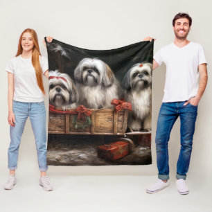 Lhasa Apso Snowy Sleigh Christmas Decor Fleece Blanket