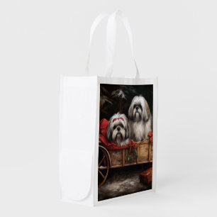 Lhasa Apso Snowy Sleigh Christmas Decor Grocery Bag