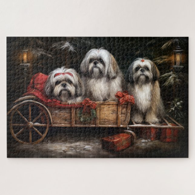 Lhasa Apso Snowy Sleigh Christmas Decor Jigsaw Puzzle (Horizontal)