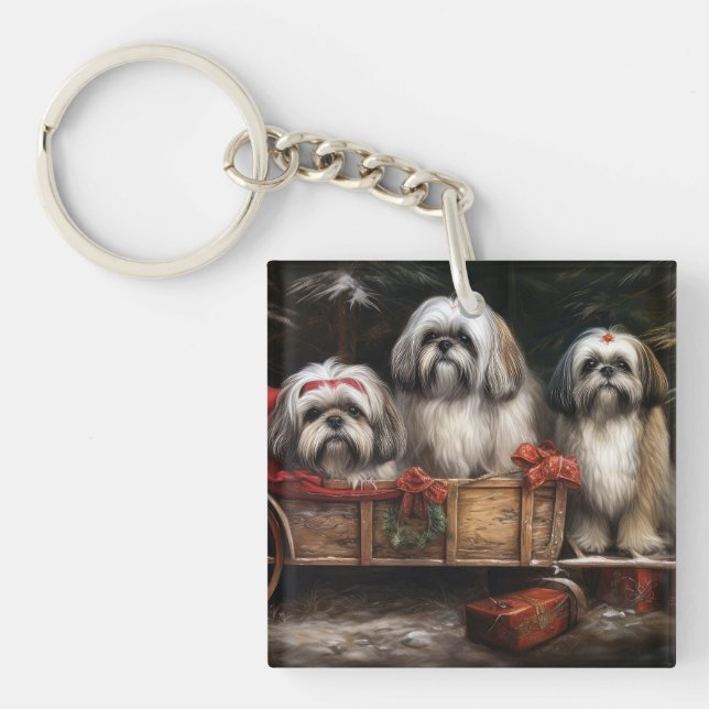 Lhasa Apso Snowy Sleigh Christmas Decor Keychain (Front)