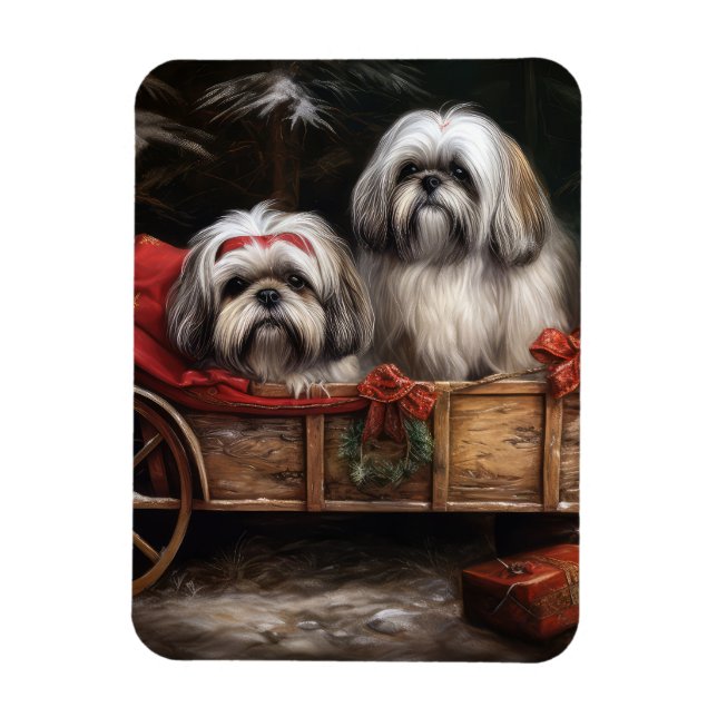 Lhasa Apso Snowy Sleigh Christmas Decor Magnet (Vertical)