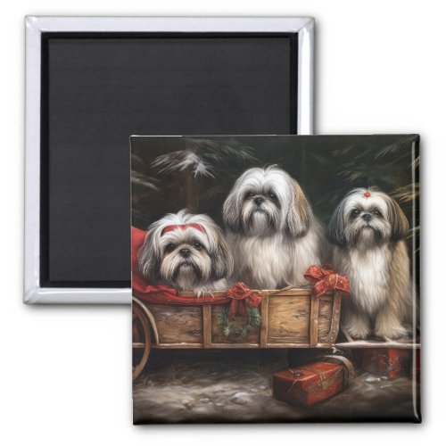 Lhasa Apso Snowy Sleigh Christmas Decor Magnet