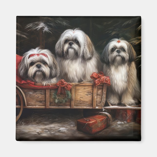 Lhasa Apso Snowy Sleigh Christmas Decor Magnet (Front)