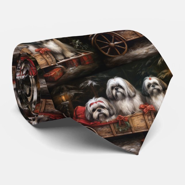 Lhasa Apso Snowy Sleigh Christmas Decor Neck Tie (Rolled)