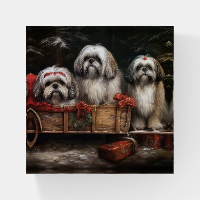 Lhasa Apso Snowy Sleigh Christmas Decor Paperweight (Front)