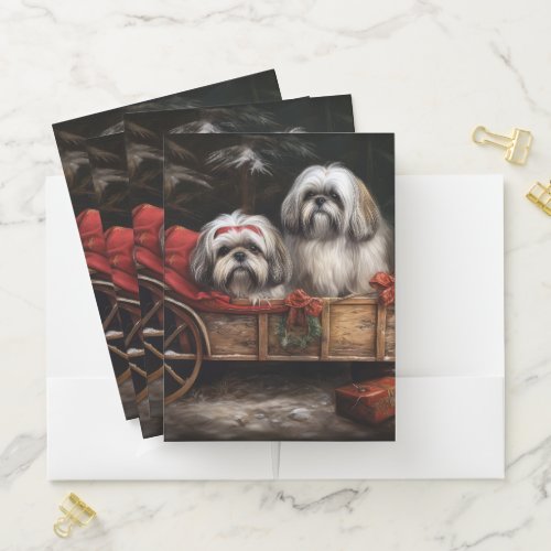 Lhasa Apso Snowy Sleigh Christmas Decor Pocket Folder