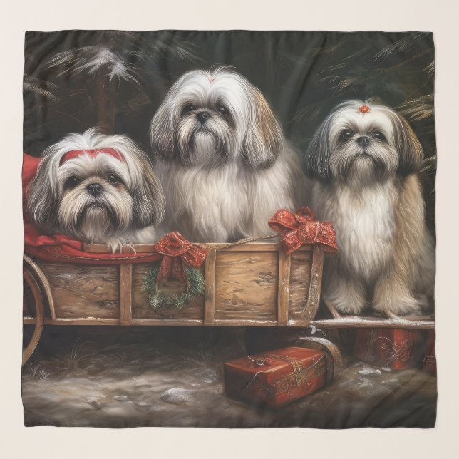 Lhasa Apso Snowy Sleigh Christmas Decor Scarf (Front)