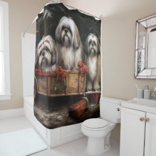 Lhasa Apso Snowy Sleigh Christmas Decor Shower Curtain