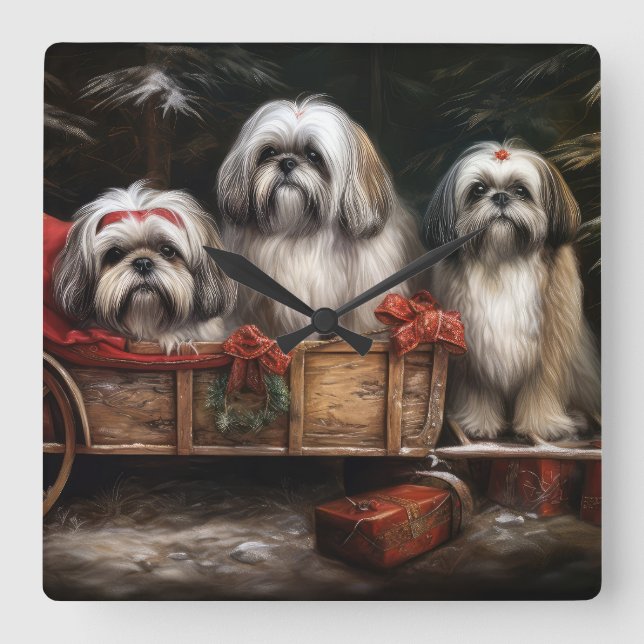 Lhasa Apso Snowy Sleigh Christmas Decor Square Wall Clock (Front)
