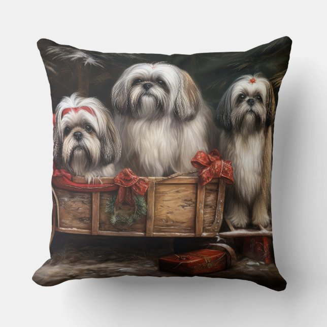 Lhasa Apso Snowy Sleigh Christmas Decor Throw Pillow (Front)