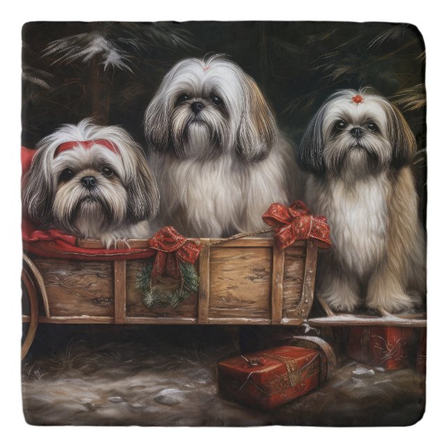 Lhasa Apso Snowy Sleigh Christmas Decor Trivet (Front)