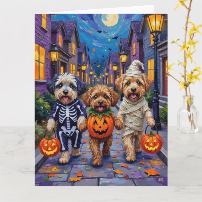 Lhasa Apso Trick-or-Treating In Halloween Costumes Card (Yellow Flower)