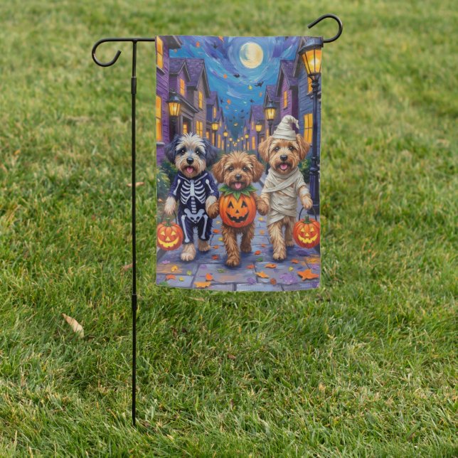 Lhasa Apso Trick-or-Treating In Halloween Costumes Garden Flag (In SItu)