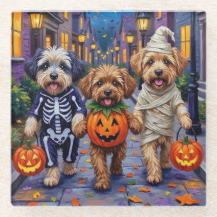 Lhasa Apso Trick-or-Treating In Halloween Costumes Glass Coaster