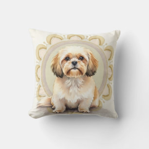 Lhasa Apso Watercolor Mandala Circle Art Throw Pillow