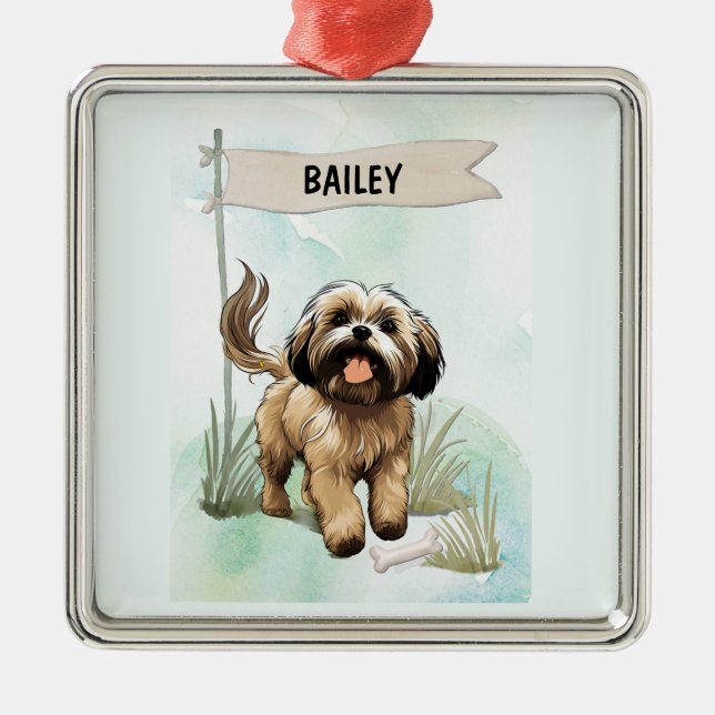 Lhasa Apso Watercolor Personalized Dog Metal Ornament (Front)