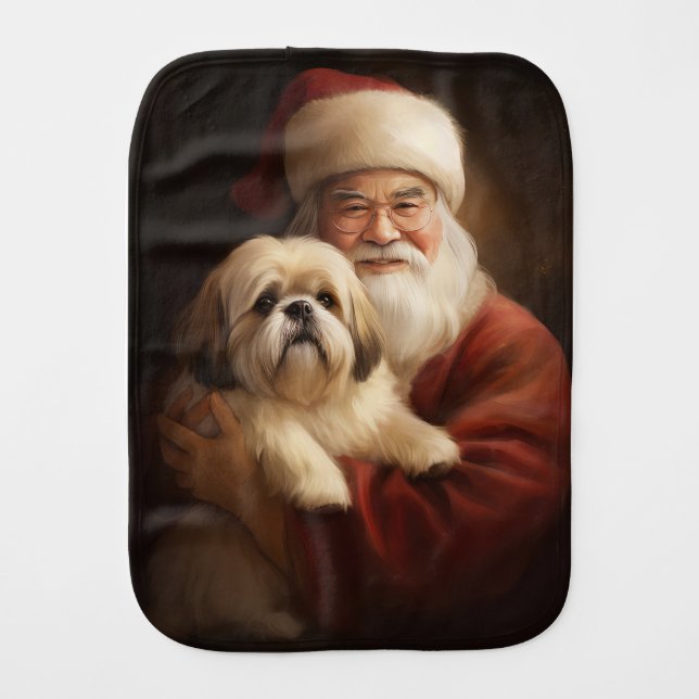 Lhasa Apso With Santa Claus Festive Christmas  Baby Burp Cloth (Front)