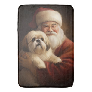 Lhasa Apso With Santa Claus Festive Christmas Bath Mat