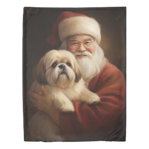 Lhasa Apso With Santa Claus Festive Christmas Duvet Cover