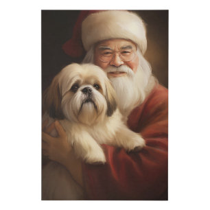 Lhasa Apso With Santa Claus Festive Christmas  Faux Canvas Print