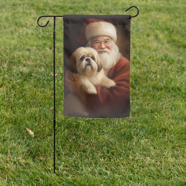 Lhasa Apso With Santa Claus Festive Christmas  Garden Flag (In SItu)
