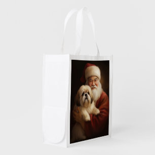 Lhasa Apso With Santa Claus Festive Christmas Grocery Bag